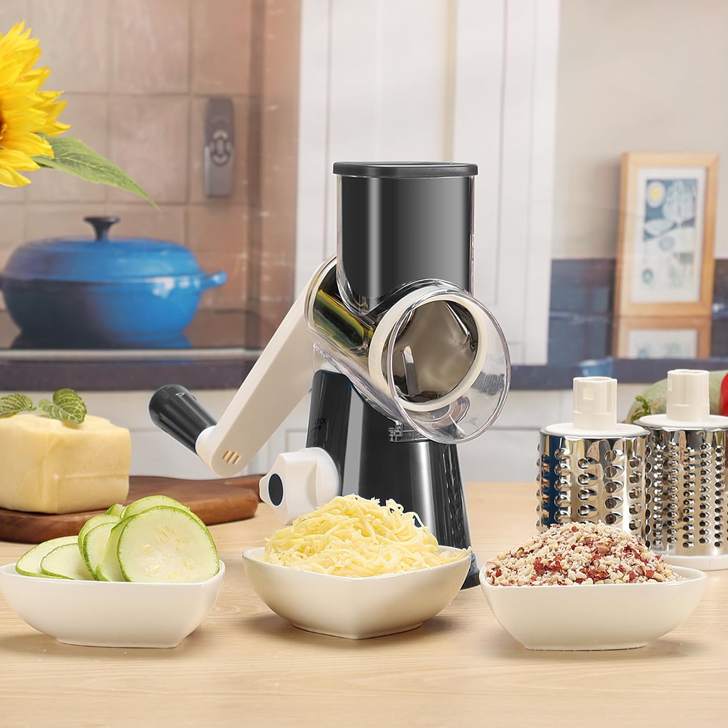Cambom Rotary Cheese Grater Hand Crank Cheese Shredder For Fresh Cheese, Vegetable, Nuts,Non-Slip Suction Base, Three Blades, Black