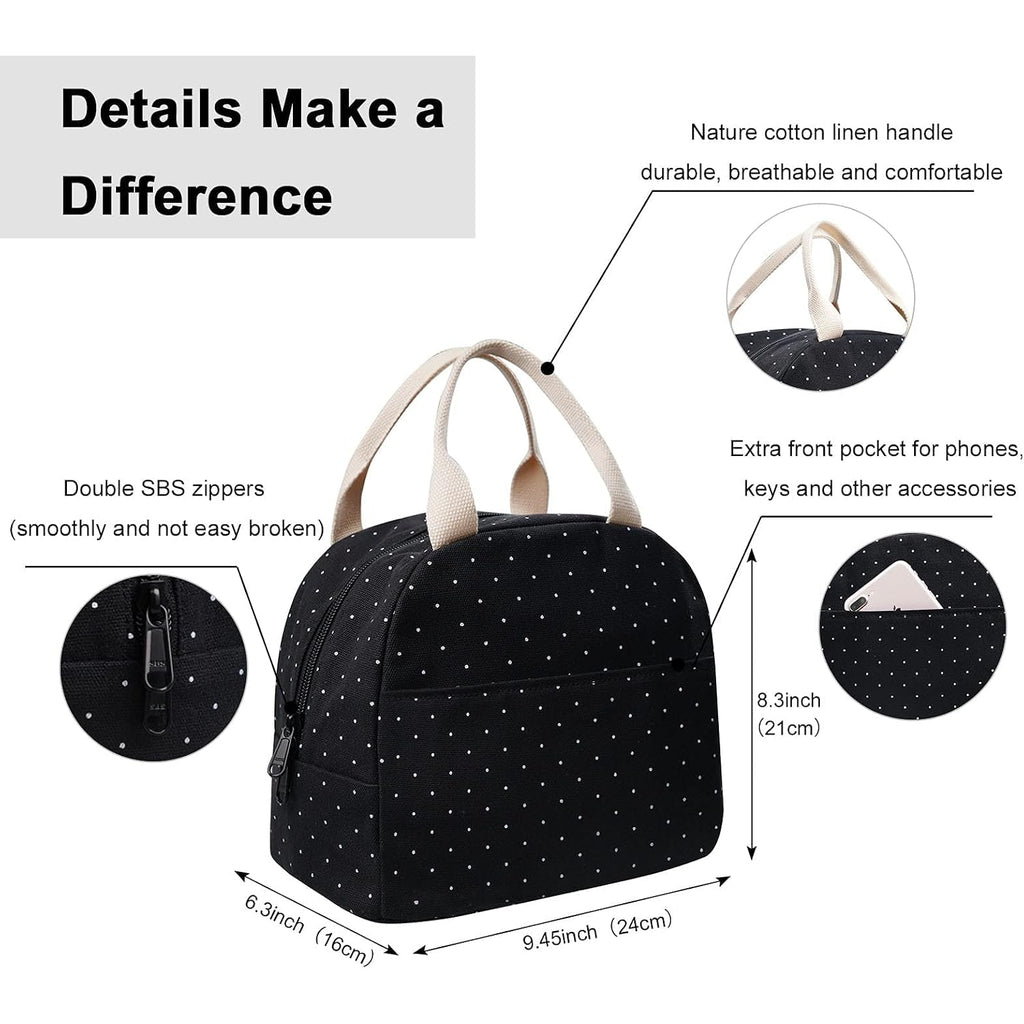 Eurcross Upgraded Compact Black Lunch Bag For Girls Women,Canvas Reusable Insulated Polka Dot Lunch Tote Box Bag For Work School