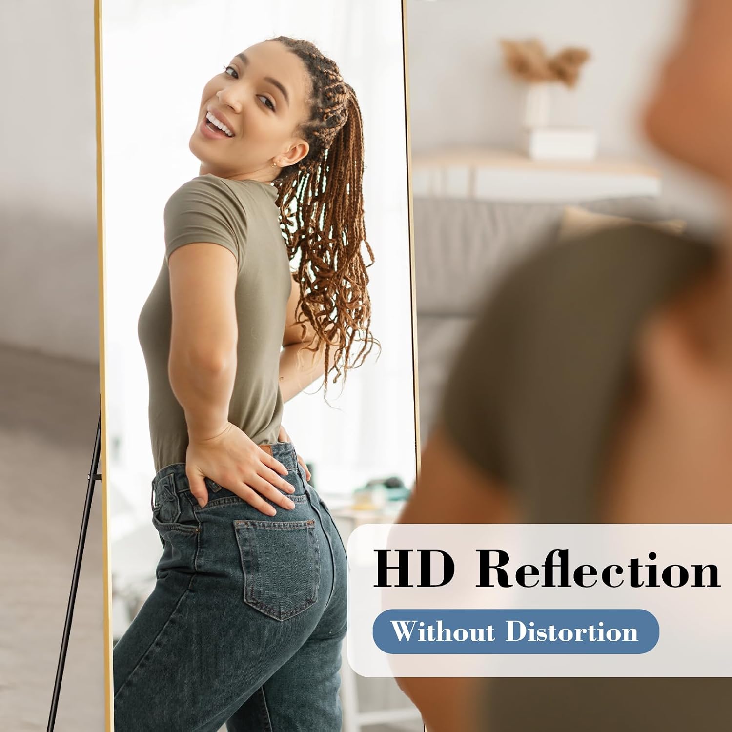 Dumos 64"X21" Full Length Mirror With Stand, Floor Standing Aluminum Frame, Shatterproof Nano Glass For Bedroom, Living Room, Cloakroom Modern Simple Home Decor, Can Be Hanging, Leaning Or Wall, Gold