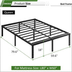 Emoda Queen Bed Frame No Box Spring Needed 18 Inch Heavy Duty Metal Tall Platform Bed Frame Queen Size With Large Storage Space, Easy Assembly, Black