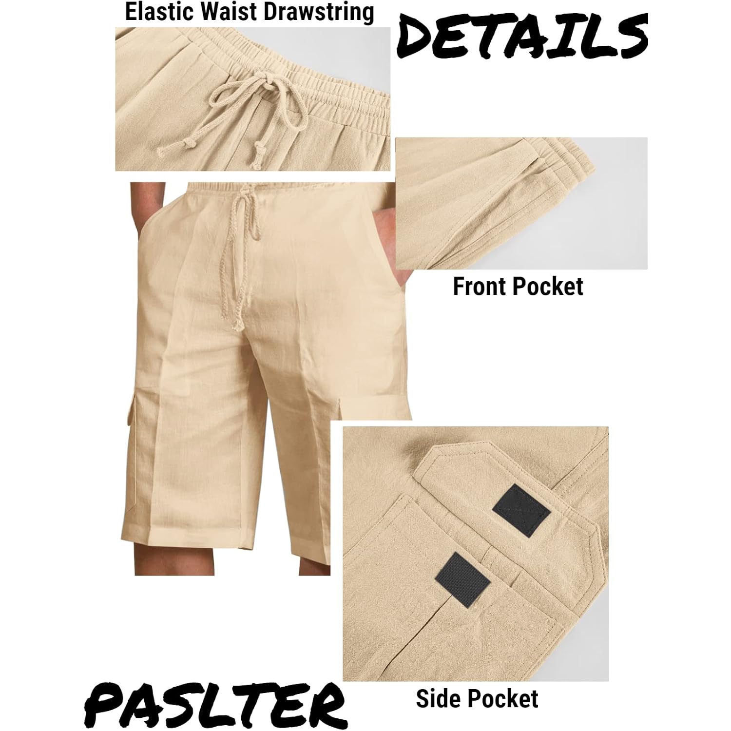 Mens Cotton Linen Shorts Casual Elastic Waist Drawstring Lightweight Summer Beach Cargo Shorts