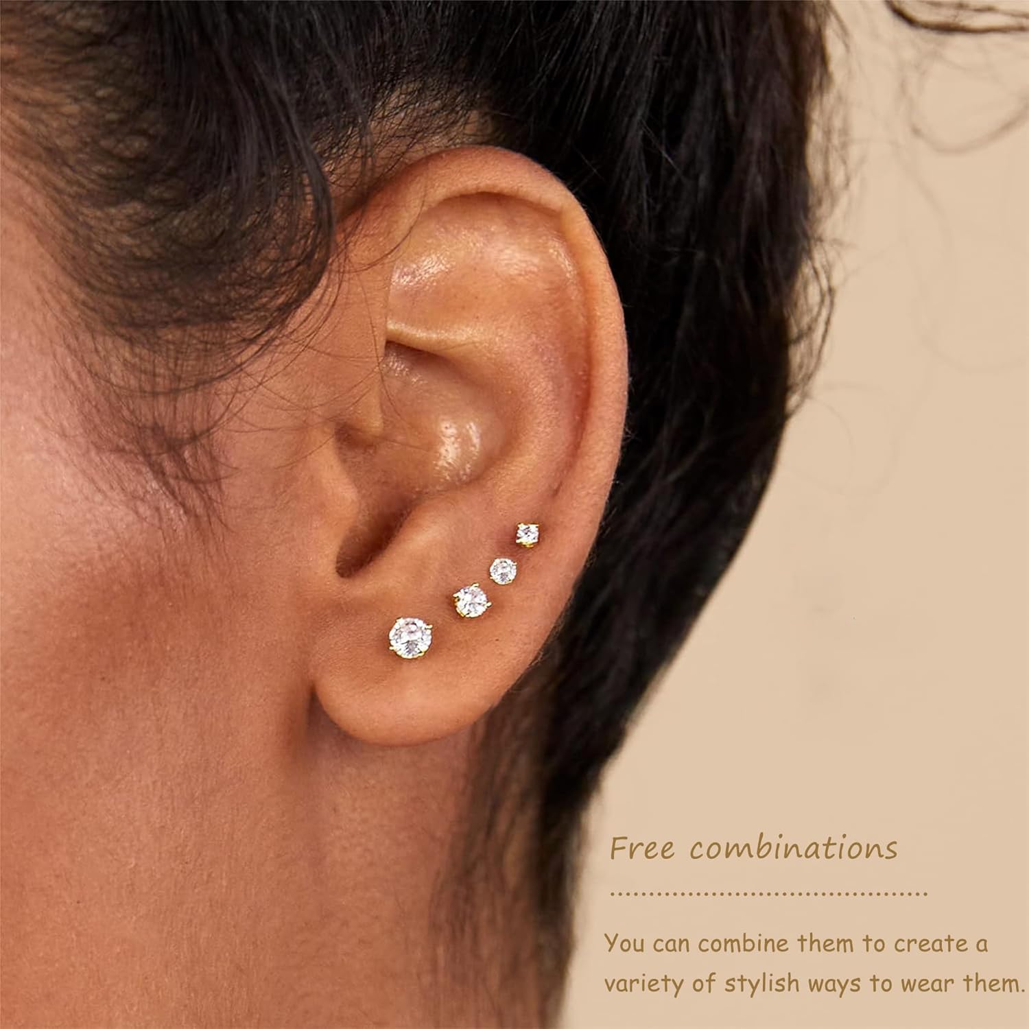 5 Pairs 14K Gold Plated Stud Earrings for Women, Hypoallergenic Earring Sets for Multiple Piercing, Premium Cubic Zirconia Studs Earrings for Women
