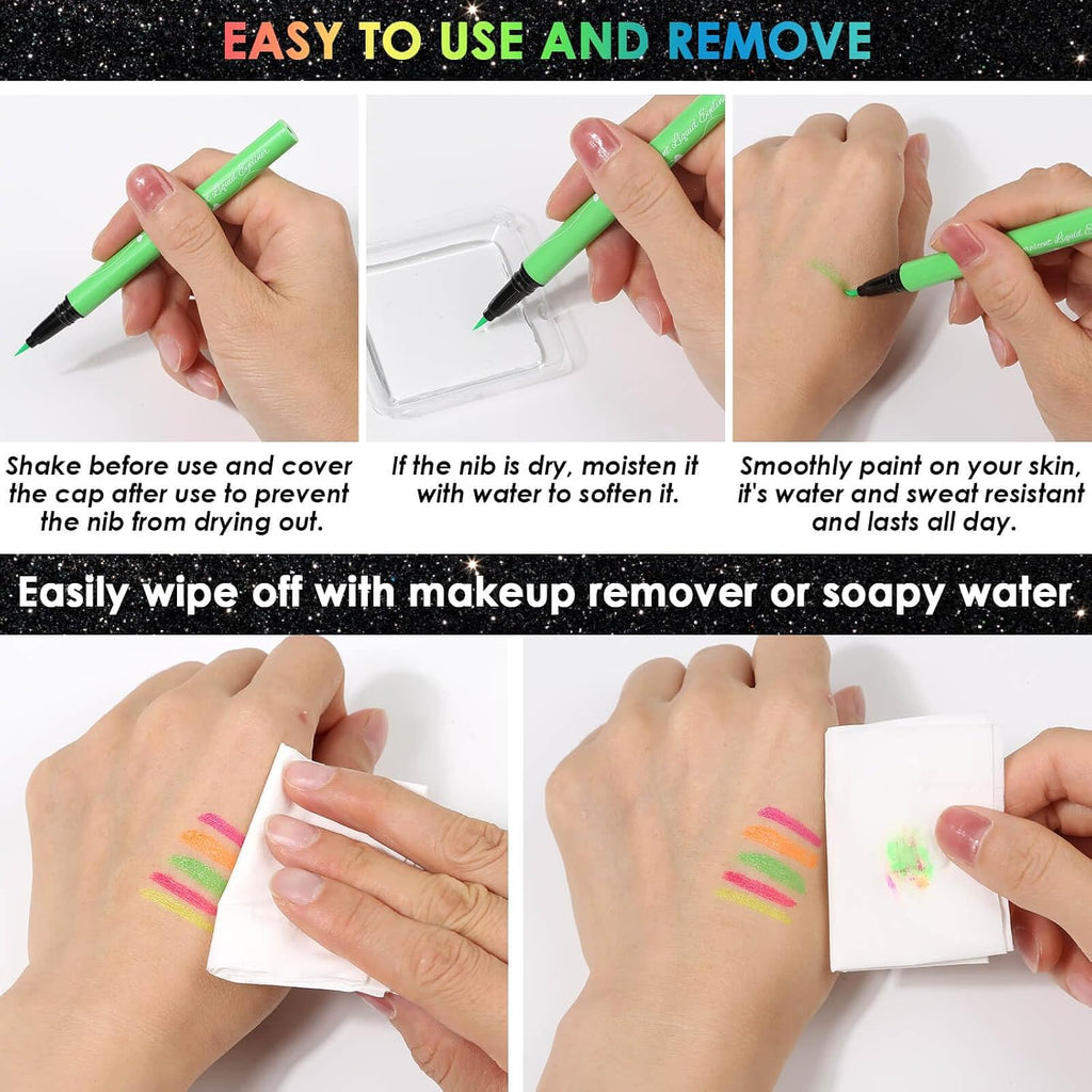 Glow In The Dark Glitter Gel With Uv Neon Liquid Eyeliner Pen Set For Body Face Hair Eye, Makeup Kit For Rave Accessories Party Halloween Anime Cosplay Concerts Festival Carnival Face Paint