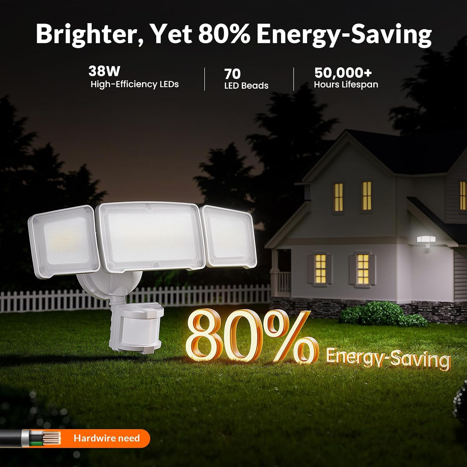 Lepower Led Security Light Motion Sensor Outdoor Lights, Bright 38W 4200Lm | 72 Ft Range, Ip65, Easy To Install, 180° Motion Sensor, 5500K, 3 Head Detected Waterproof Flood Light For Garage, Yard, Porch