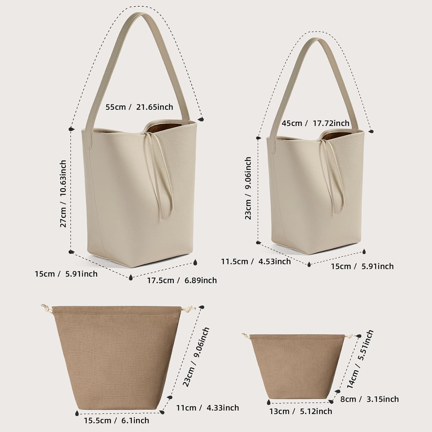 Genuine Leather Bucket Bag with Credit Card Holder Wallet, First Layer Pebble-grained Calfskin Tote Bag