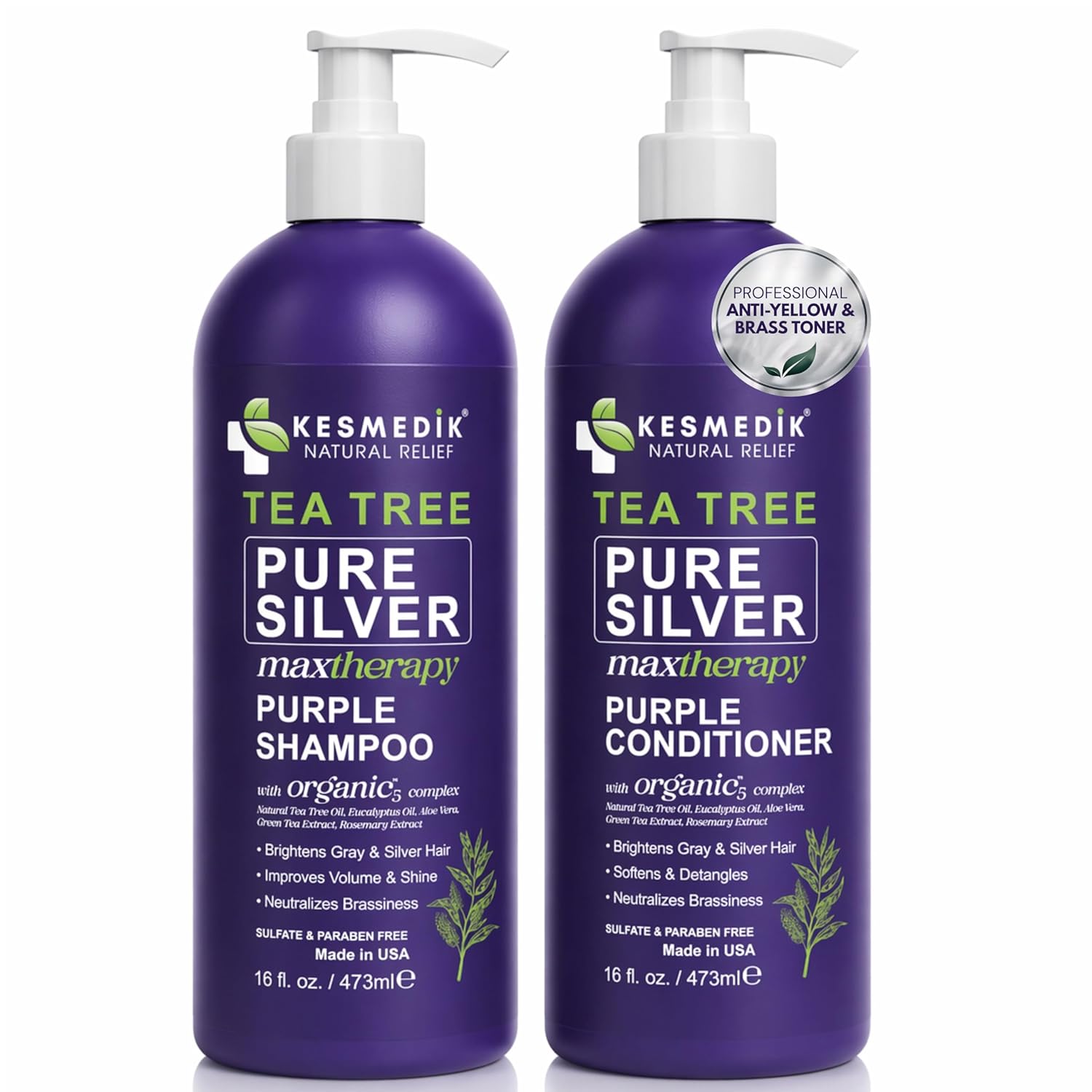 KESMEDIK Tea Tree Purple Shampoo & Conditioner Set with Rosemary & Aloe, Professional Anti Brass Toner, Removes Yellow Tones for Gray, Bleached, White & Blonde Hair, Refreshes Scalp, Sulfate-Free