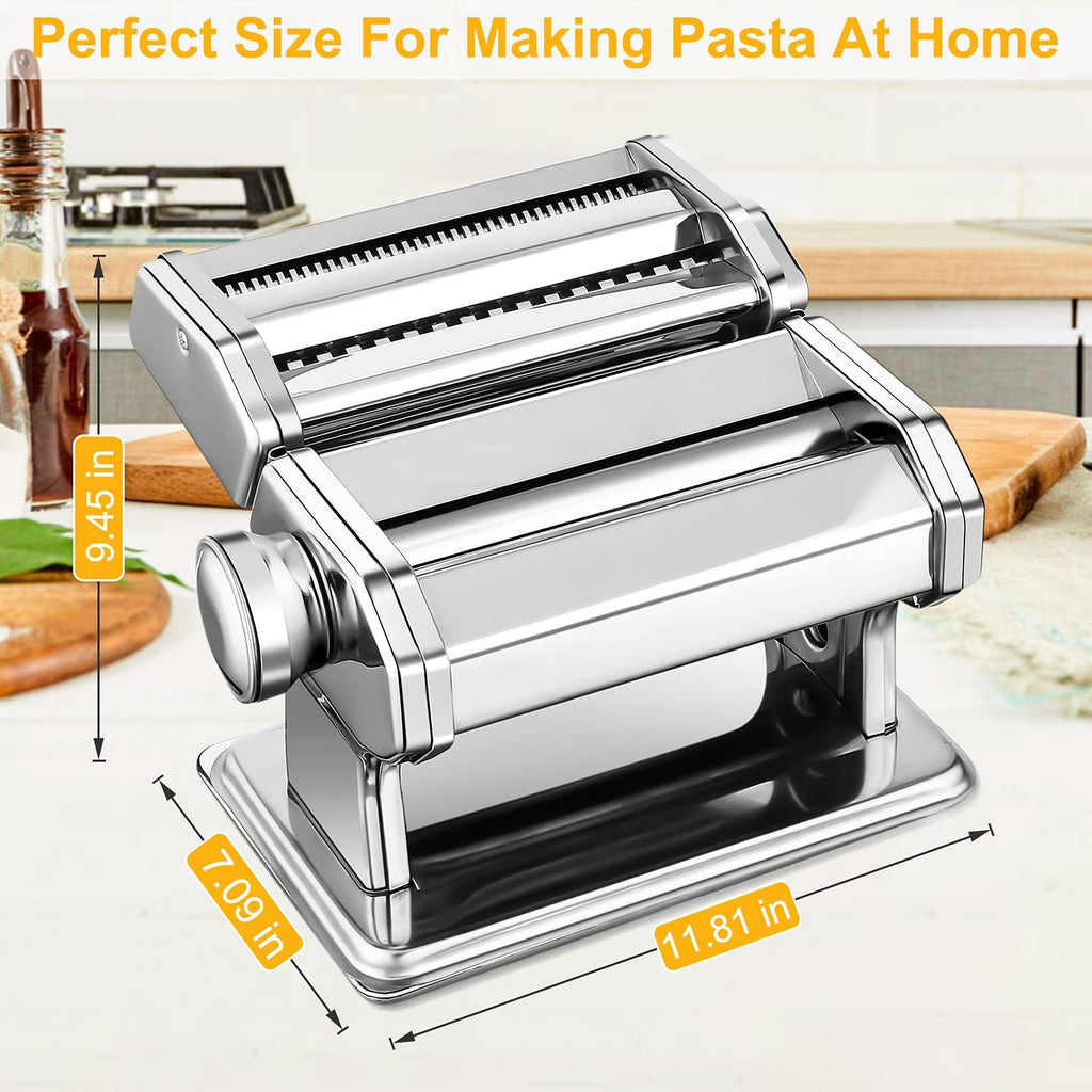 Sailnovo 3 In 1 Pasta Maker Machine - 9 Adjustable Thickness Settings Aluminum Alloy Pasta Roller & 2 Width Cutters For Fresh Spaghetti, Fettuccini, Lasagna, Dumplings - Stainless Steel, Silver
