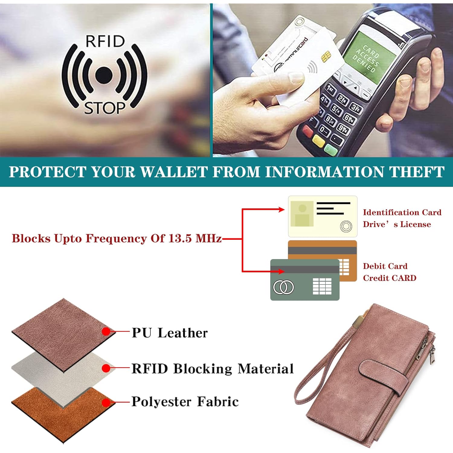 GOIACII Wallet for Women RFID Blocking Ladies Wristlet Soft Leather Credit Card Holder Large Capacity Double Zipper 5 ID Windows Dusty Pink