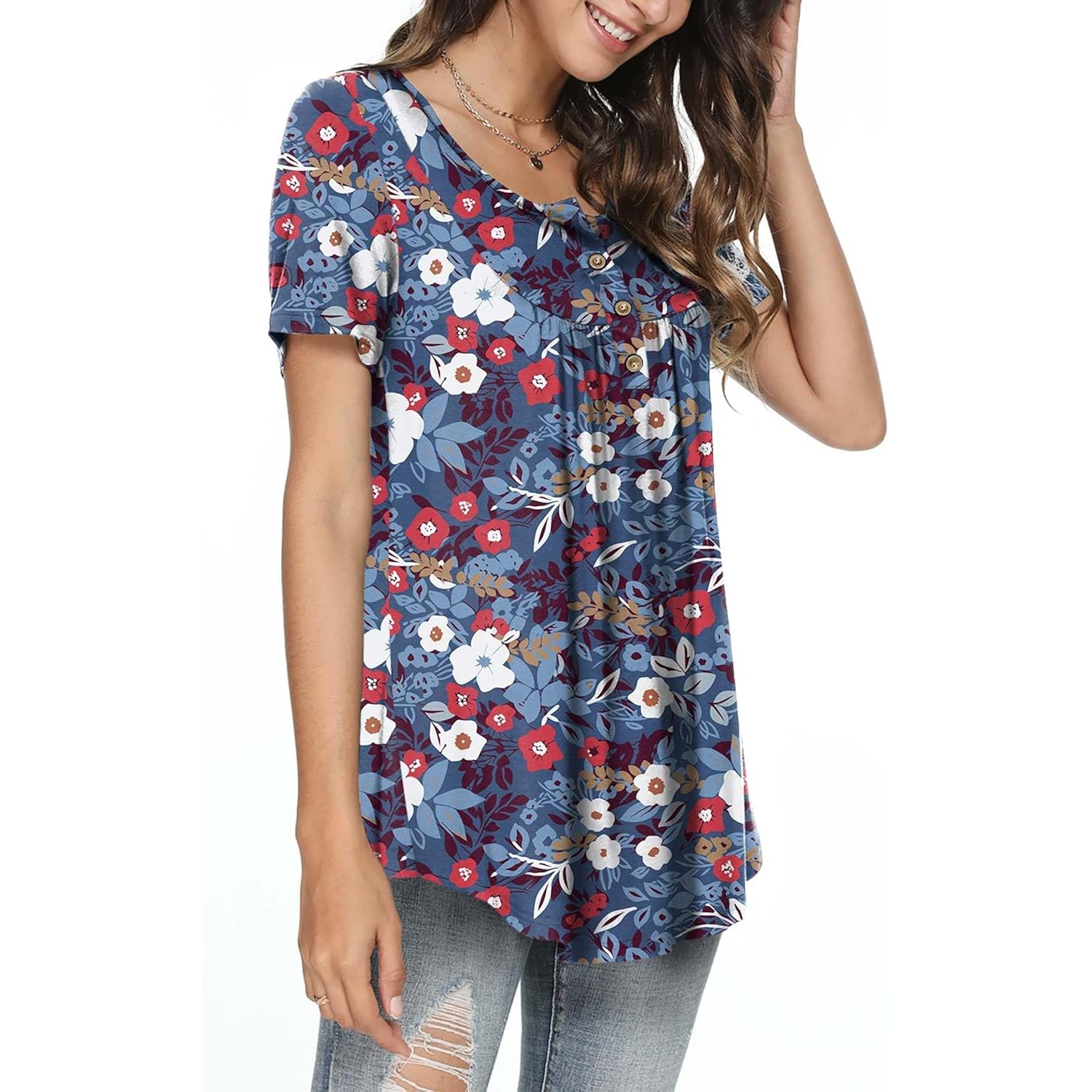 POPYOUNG Women's Tunic Tops Short Sleeve Henley Pleated Blouse Loose Fit Summer Shirts for Leggings