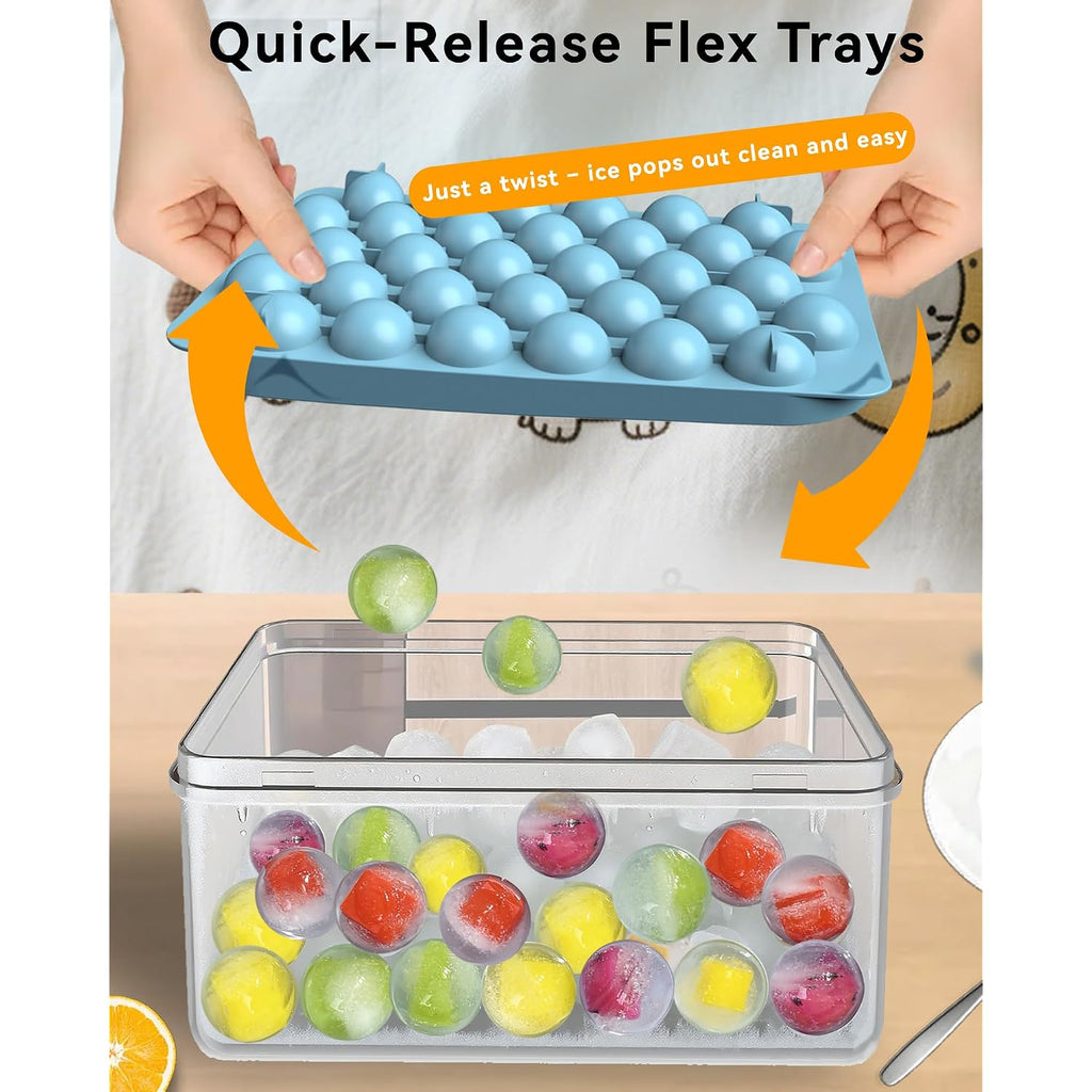 Ice Cube Trays With Lid And Bin, Bpa-Free Mini 0.8 Inch Sphere Ice Molds, 2-Pack Small Round Ice Ball Trays, Easy Release, Includes Scoop & Ice Storage Box For Cocktails, Coffee