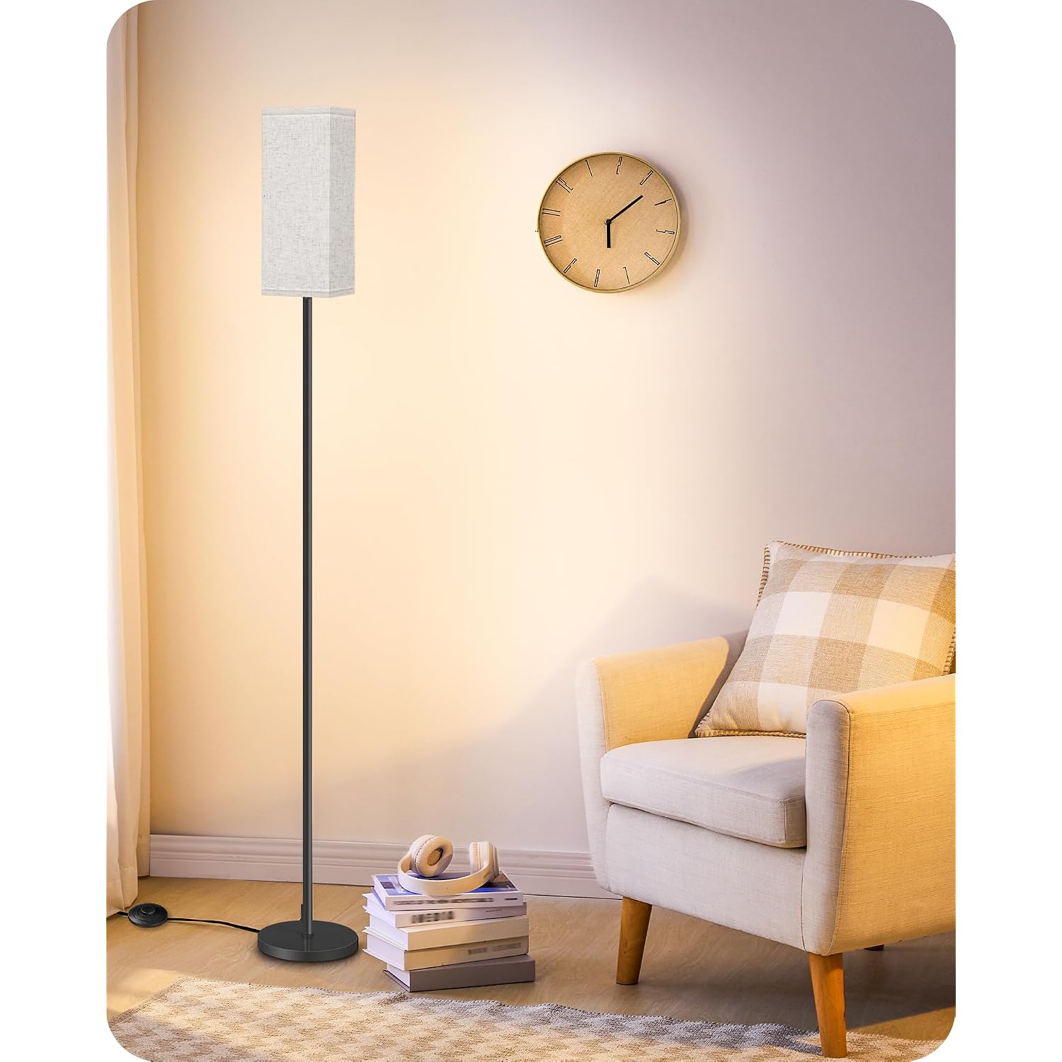64.6" Floor Lamp, Pole With Foot Switch, Modern Standing Lamp Lampshade, Minimalist Freestanding Lamp (Bulb Not Included), For Living Room, Bedroom Office Etl Listed, Black And Beige E07Ld05