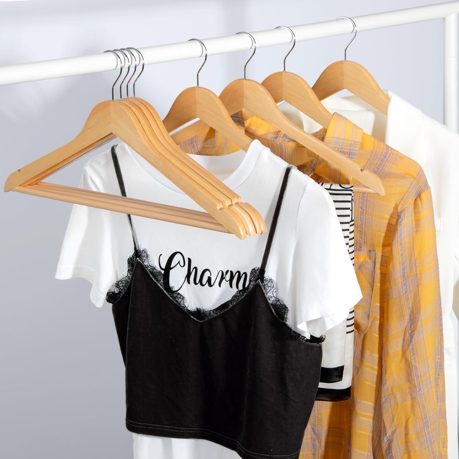 Topia Hanger Wooden Hangers 30 Pack, Natural Wood Clothes Hangers, Durable Coat Hanger With 360-Degree Rotatable Hook, Non-Slip Pants Bar And Shoulder Notches For Camisole Tops-Ct34N30