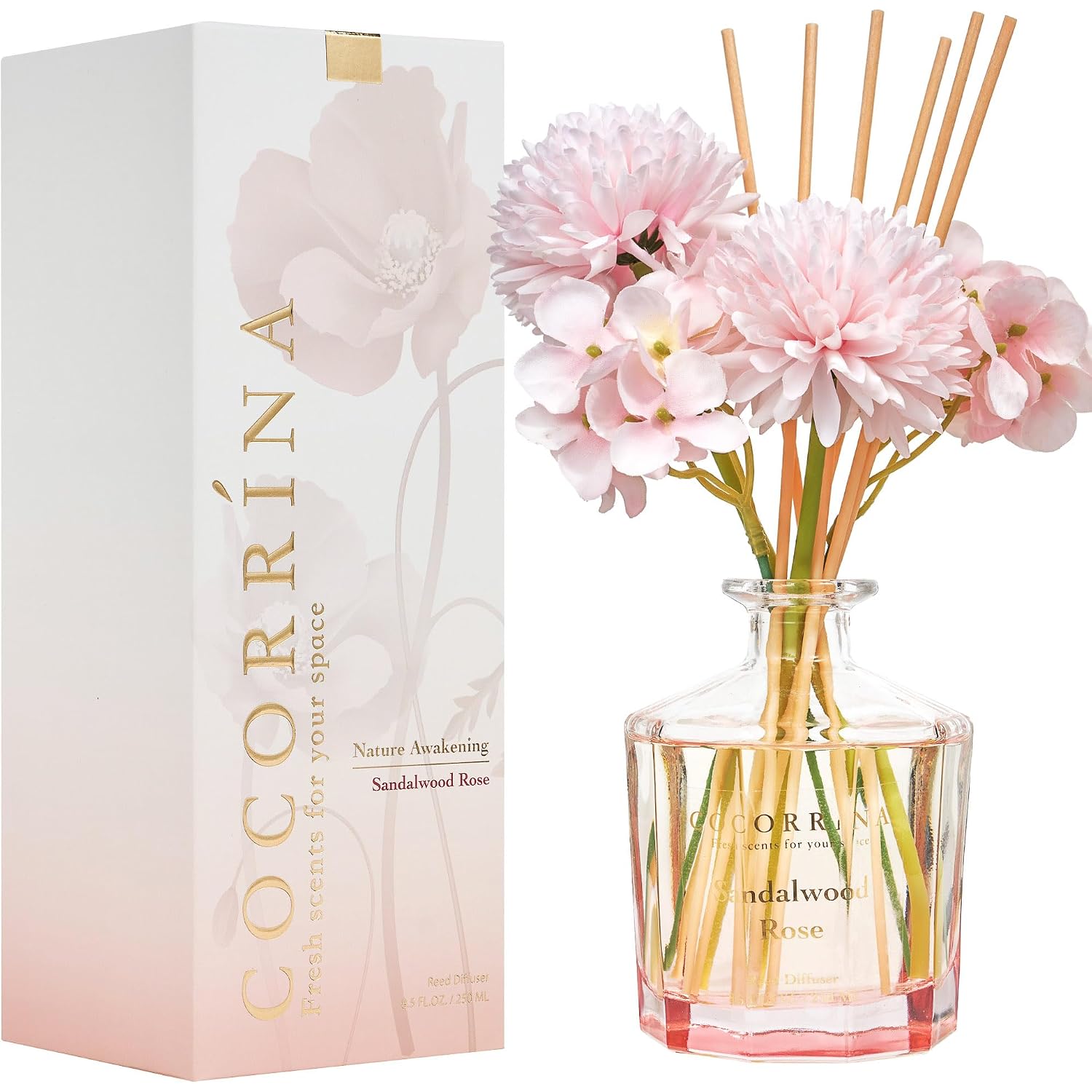 Reed Diffuser - Sandalwood Rose 8.5 Fl.Oz Flower Reed Diffuser Set With 8 Sticks, Home Fragrance Reed Diffuser For Home Bedroom Office Bathroom Shelf Decor (Master Collection)