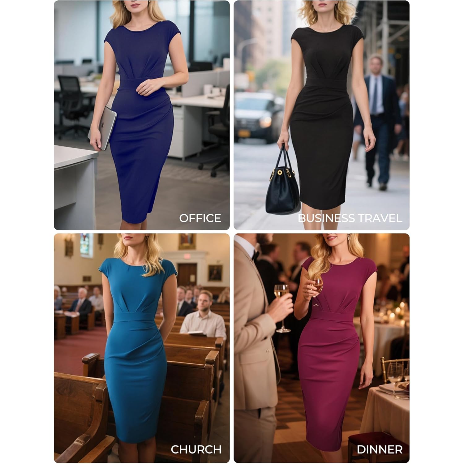 Women's Wear to Work Dresses 2026 Cap Sleeve Sheath Bodycon Midi Dress Ruched Business Office Pencil Dress