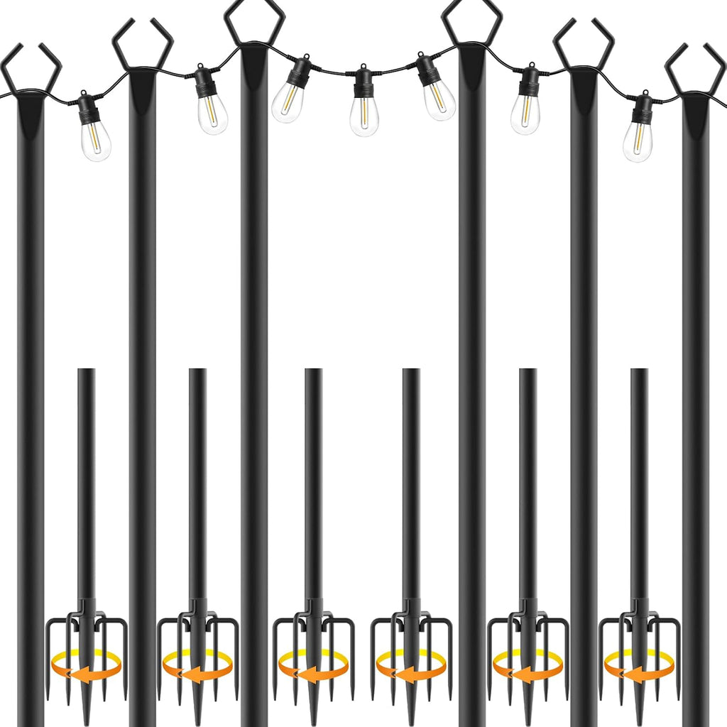 6 Pack 10 Ft Heavy Duty Metal String Light Poles Adjustable Outdoor Lighting Stand For Patio,Backyard,Garden,Party & Wedding Rustproof & Sturdy With Hooks