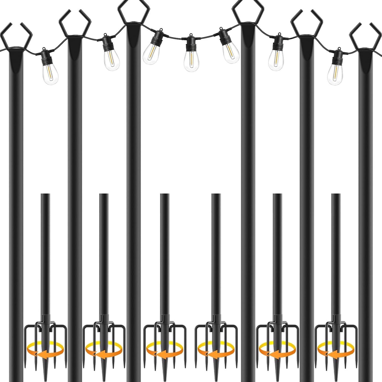 6 Pack 10 Ft Heavy Duty Metal String Light Poles Adjustable Outdoor Lighting Stand For Patio,Backyard,Garden,Party & Wedding Rustproof & Sturdy With Hooks