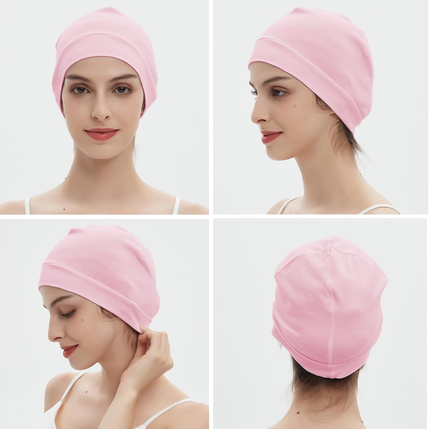 vidsel 100% Cotton Skull Caps for Men Women Breathable Night Cap Sleep Hats Soft Lightweight Running Beanie Helmet Liner 2 Pink & Light Purple