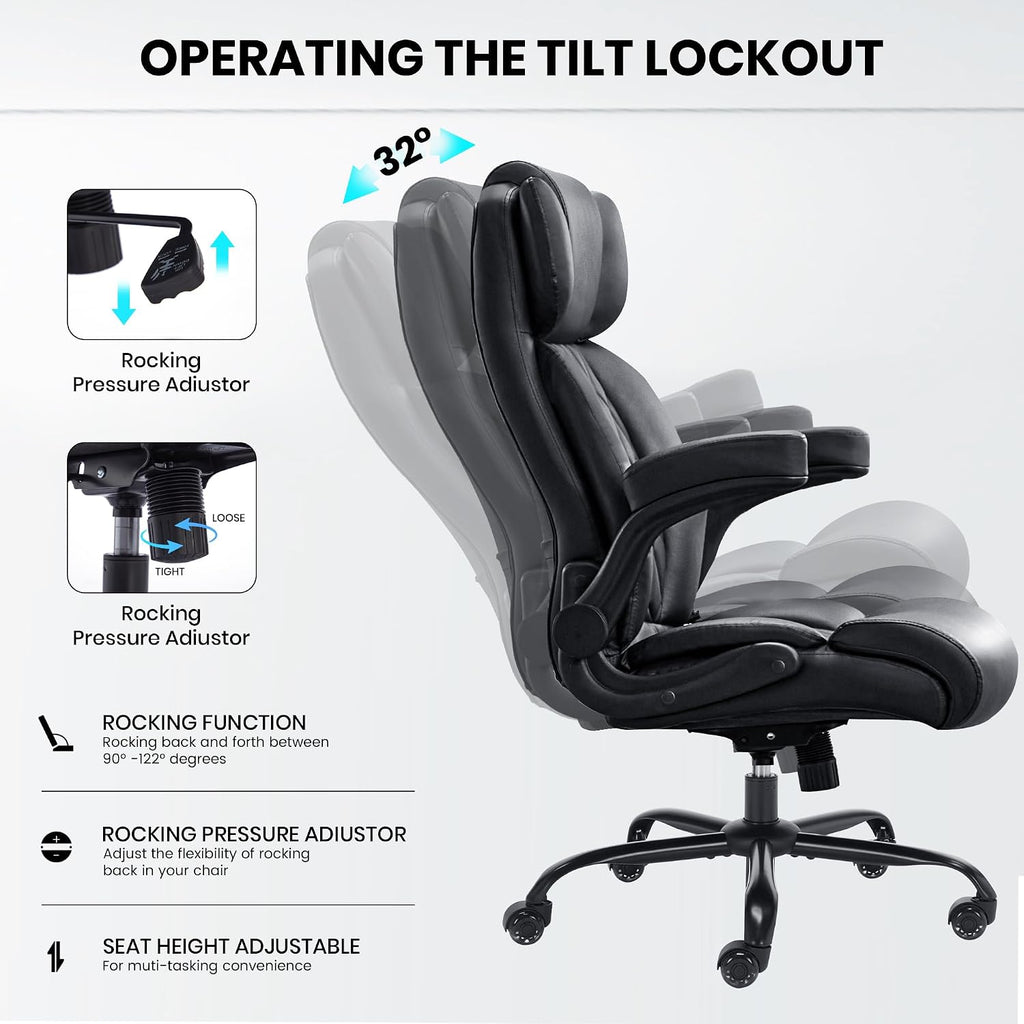 500Lbs Big And Tall Office Chair Adjustable Lumbar Support For Back Pain, Extra Wide Seat Executive Office Chair Thick Armrest Pad, Heavy Duty Base&Upgraded Wheels, Ergonomic Comfy Computer Desk Chair