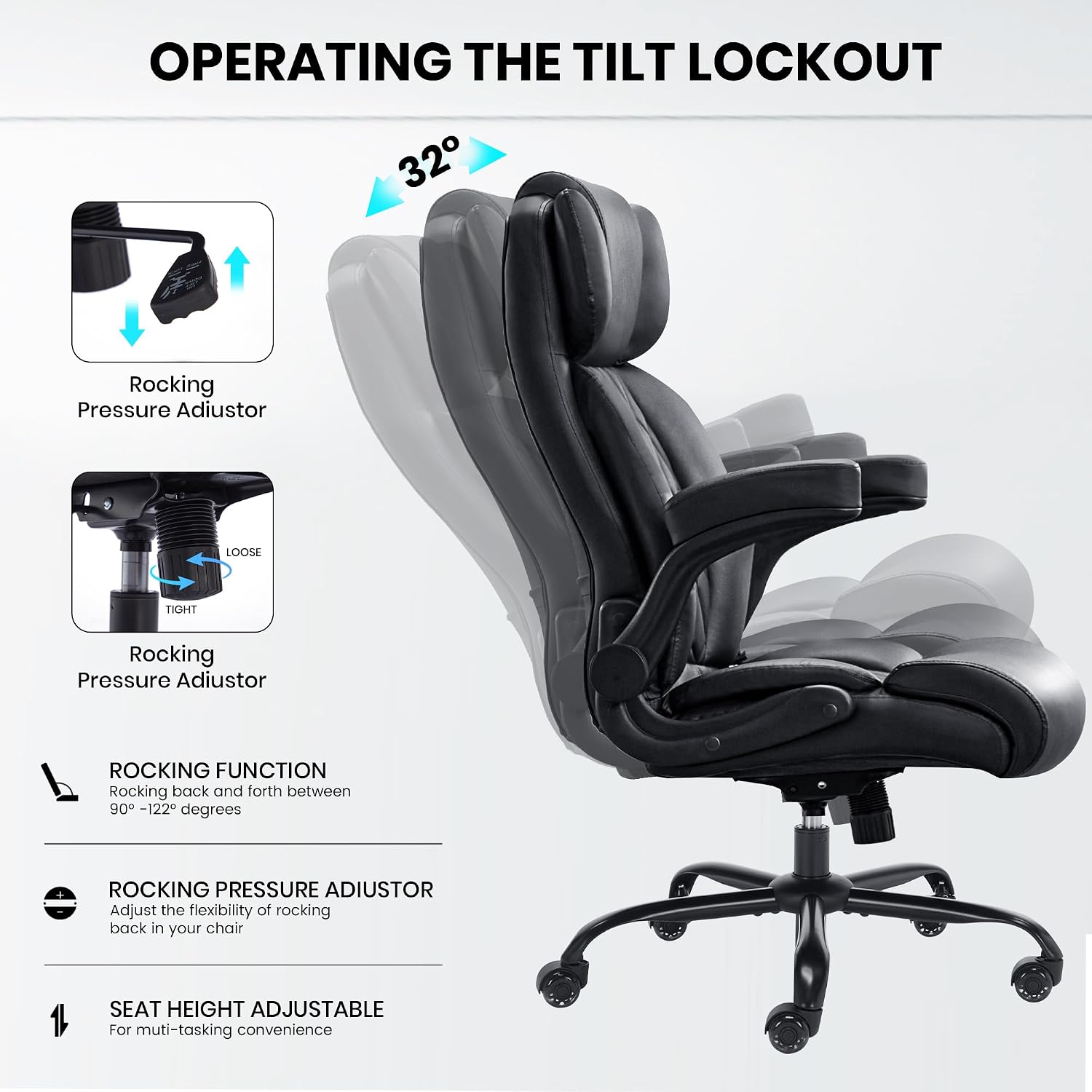 500Lbs Big And Tall Office Chair Adjustable Lumbar Support For Back Pain, Extra Wide Seat Executive Office Chair Thick Armrest Pad, Heavy Duty Base&Upgraded Wheels, Ergonomic Comfy Computer Desk Chair