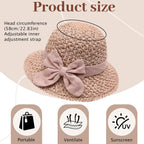 Elegant Woven Straw Sun Hat with Bow, Straw Hat with Retro Bow, Womens Straw Hat Wide Brim Bucket Foldable Breathable Beige