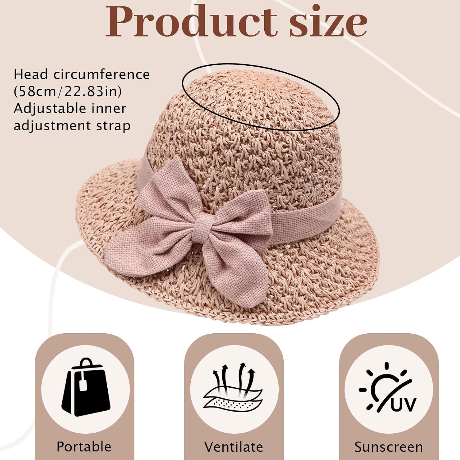 Elegant Woven Straw Sun Hat with Bow, Straw Hat with Retro Bow, Womens Straw Hat Wide Brim Bucket Foldable Breathable Beige