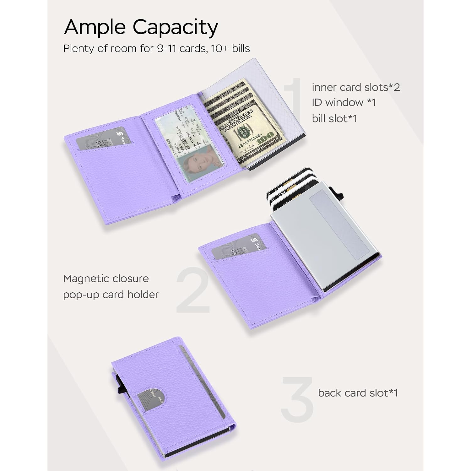 Rfid Wallet Women - Small Slim Trifold Leather Wallet With Metal Pop Up Card Holder, 2026 Trendy Lavender Purple, Holds 11 Cards 10+ Bills, Id Window Cash Slot, Gift For Her