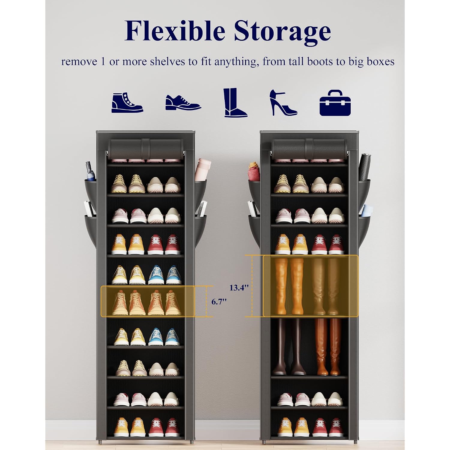 Kitsure Shoe Rack - 10-Tier Large Capacity Shoe Organizer Shelf With Dust Cover & Side Pockets, Rust-Proof Metal Shoe Rack For Closet, Entrance, Living Room, 17.5" X 12.4" X 69.3", Black