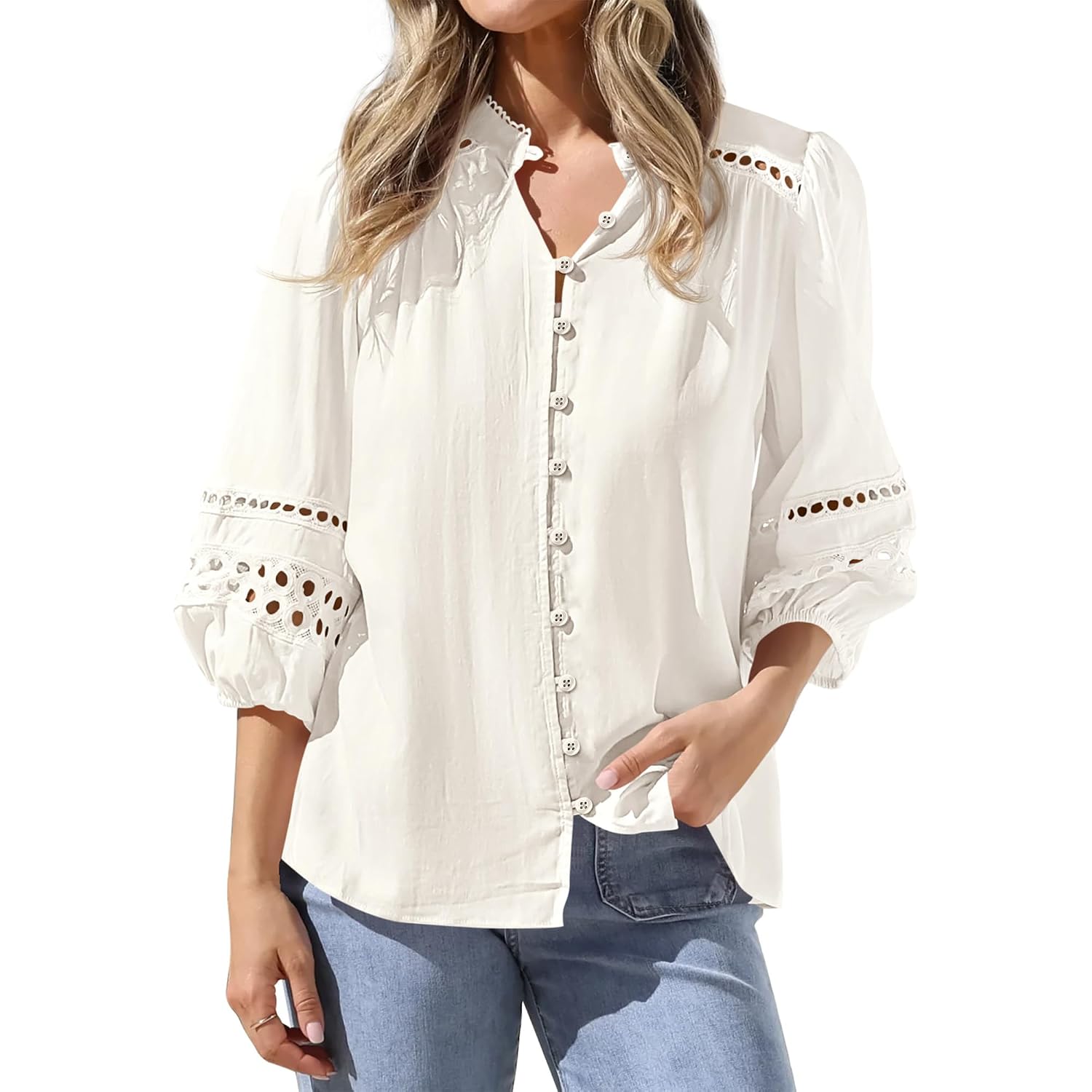 Btfbm Summer Tops For Women 2026 Eyelet Top 3/4 Length Sleeve Dressy Casual Blouses Spring Boho Button Down Shirts