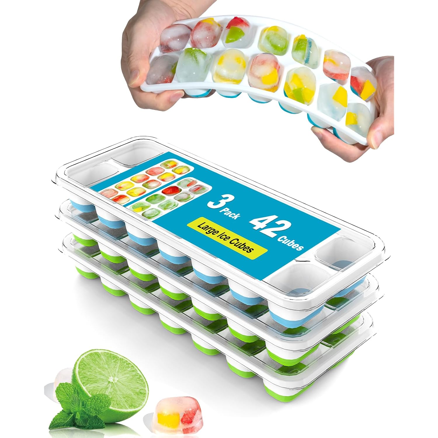 3 Pack Ice Cube Trays With Lid For Freezer, Flexible Silicone Bottom For Easy Release, Stackable Space-Saving Ice Molds, 1.2" Cubes Color-Coded (2 Green 1 Blue) For Juice, Coffee & Cocktails, Bpa Free