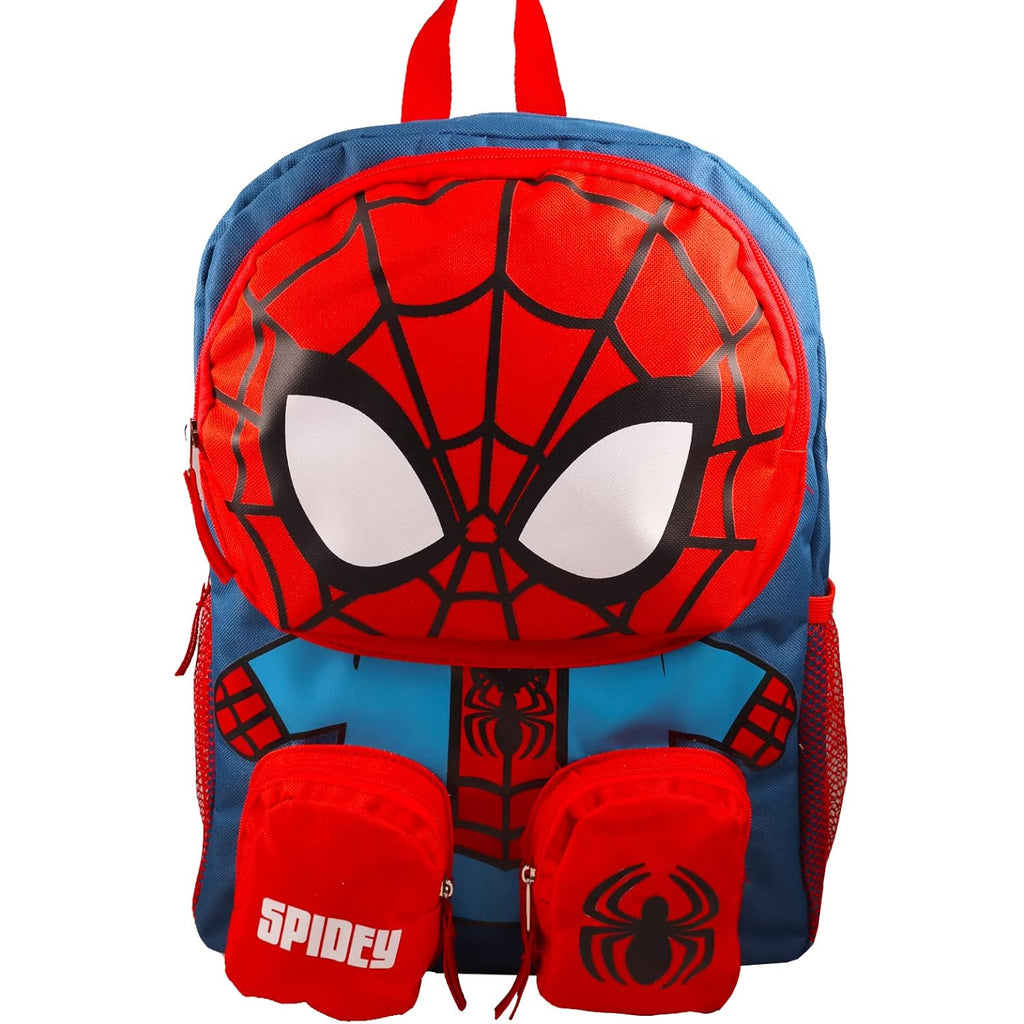 Spiderman Backpack For School Bundle W/ 16" Deluxe Bookbag For Boys | Large Durable Spider-Man School Bag W/ 4 Zip Pockets Plus Water Bottle, Stickers, More - Spider Man School Supplies