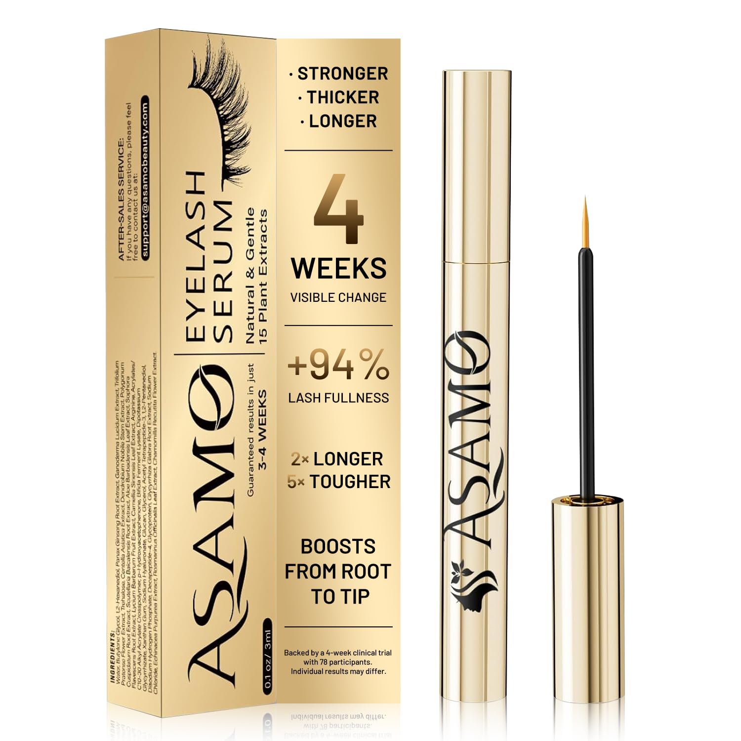 Eyelash Growth Serum – 15 Plant Extracts For Longer, Denser & Robust Lashes,Boosts Natural Lash Development,Eyelash Serum,Enhance Natural Beauty, Hypoallergenic Oil Free,Lash Growth Serum（Pure Gold）