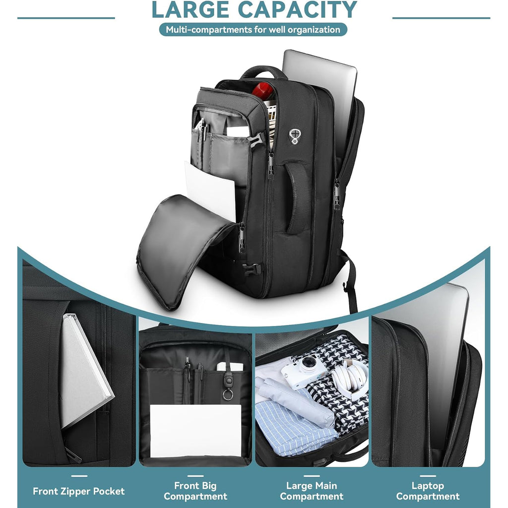 Travel Backpack, 50L Expandable Extra Large Laptop Backpack, Carry On Backpack Airline Approved Water Resistant Business Suitcase Daypack Bag Fits 17 Inch Laptops, Travel Gifts For Men Women, Black