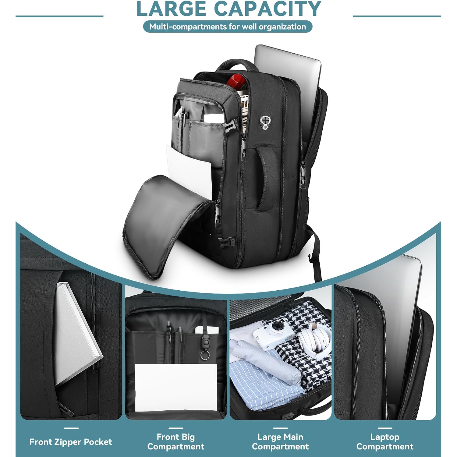 Travel Backpack, 50L Expandable Extra Large Laptop Backpack, Carry On Backpack Airline Approved Water Resistant Business Suitcase Daypack Bag Fits 17 Inch Laptops, Travel Gifts For Men Women, Black