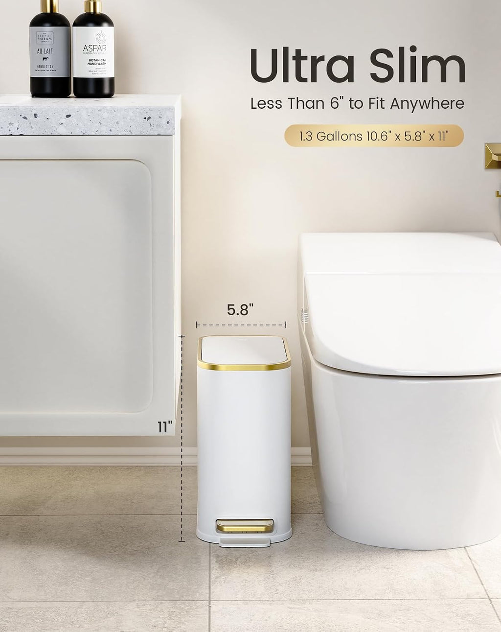 Cesun Small Bathroom Trash Can With Lid Soft Close, 5 Liter/1.3 Gallon Stainless Steel Garbage Can With Removable Inner Bucket, Step Pedal, Slim Waste Basket For Toilet, Office, Bedroom (White&Gold)