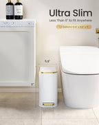 Cesun Small Bathroom Trash Can With Lid Soft Close, 5 Liter/1.3 Gallon Stainless Steel Garbage Can With Removable Inner Bucket, Step Pedal, Slim Waste Basket For Toilet, Office, Bedroom (White&Gold)