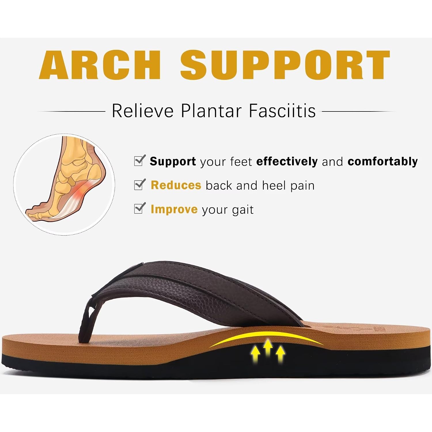 Kuailu Men'S Yoga Mat Leather Flip Flops With Arch Support Comfortable Cushion Walking Thong Sandals Slip On Indoor Outdoor