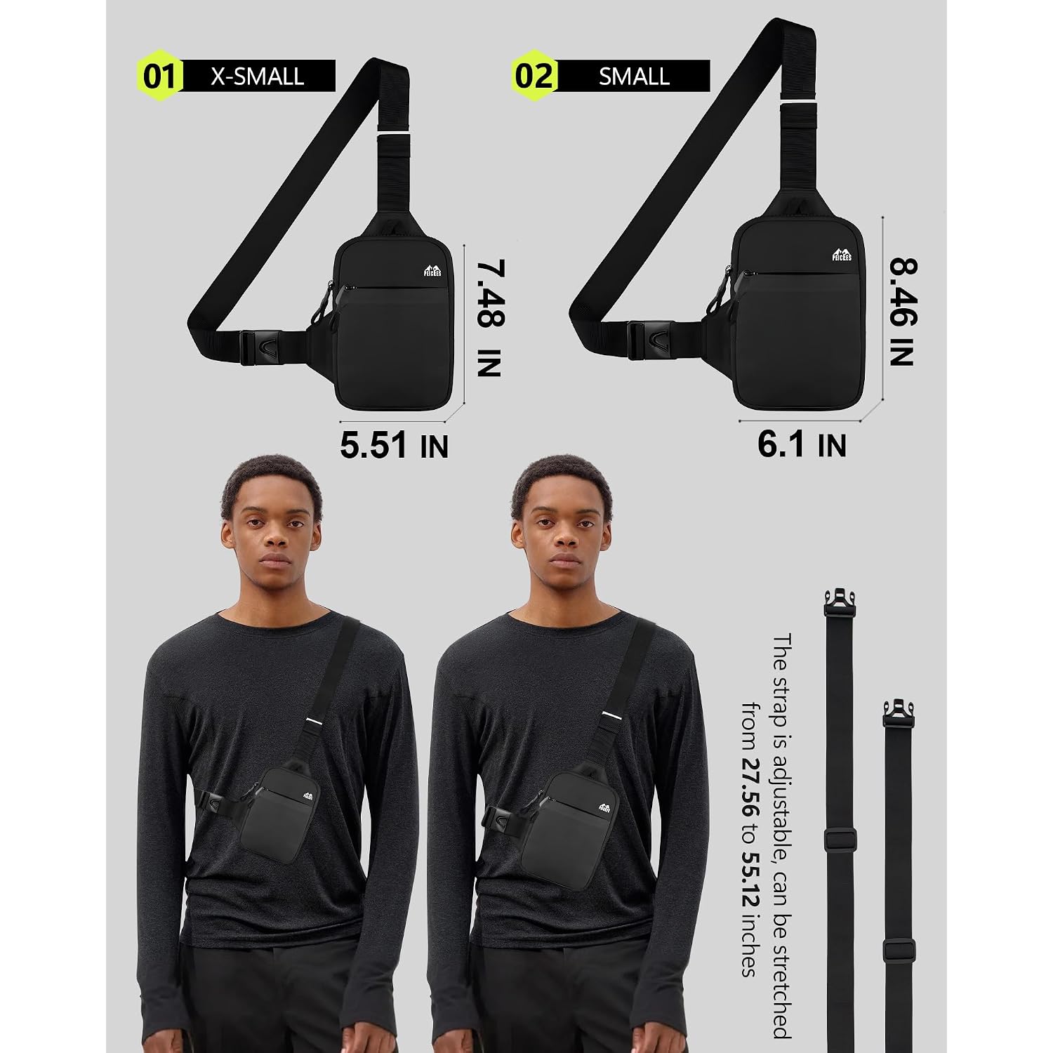 Peicees Mini Crossbody Sling Bag Dual Pocket Water Resistant Running Phone Holder Chest Shoulder Bag For Men Women Travel Gym