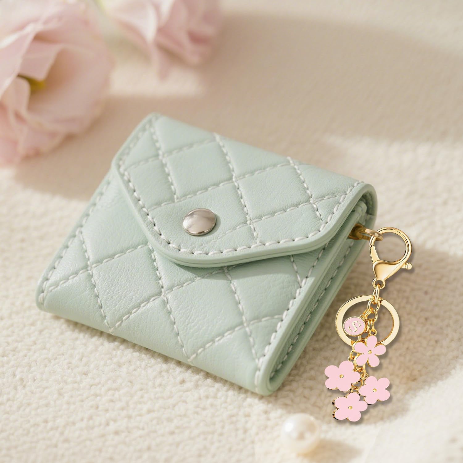 BESPMOSP Pink Flower Charms Keychain for Women Initial Letter A-Z Keychains for Key Handbag Purse Flower Bag Charm