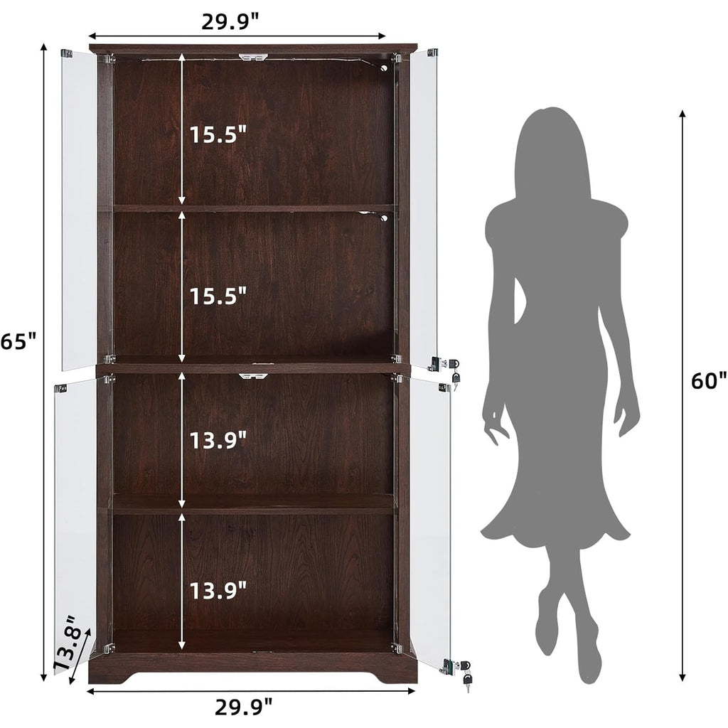 Farmhouse Glass Display Cabinet With Lock, Walnut | Wooden Curio Cabinets With Glass Doors, 3-Color Motion-Sensor Light & Reinforced Base