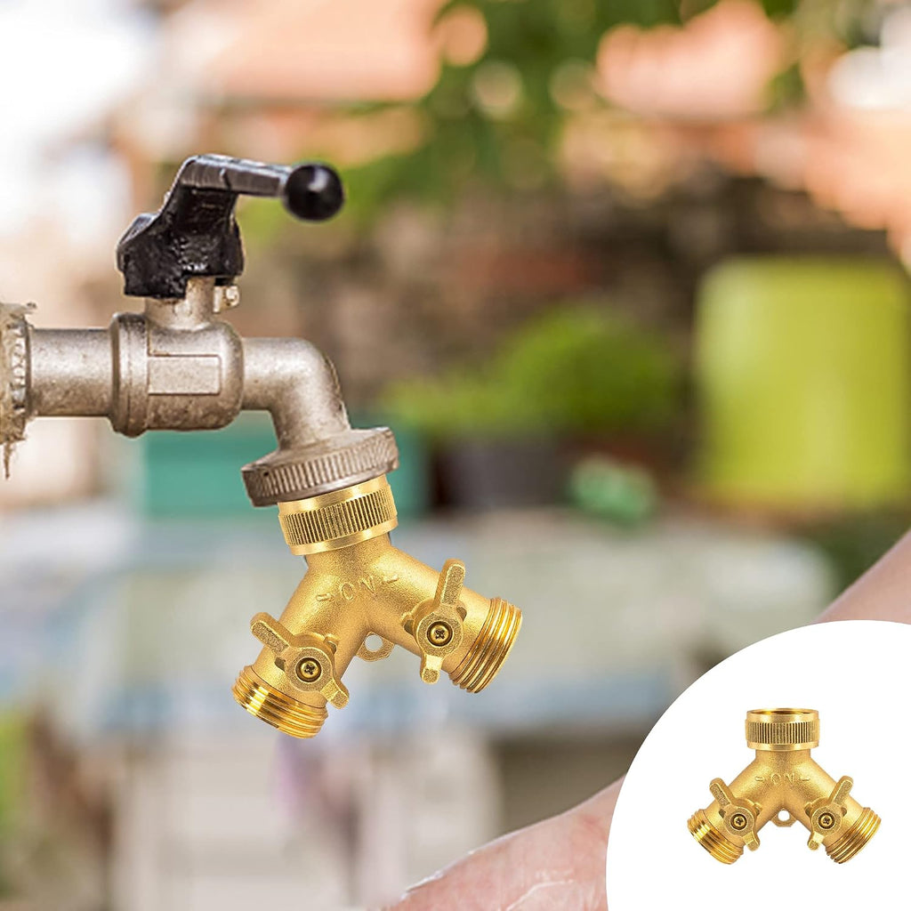 Hourleey Brass Garden Hose Splitter (2 Way), Solid Brass Hose Y Splitter 2 Valves With 2 Extra Rubber Washers (Brass)