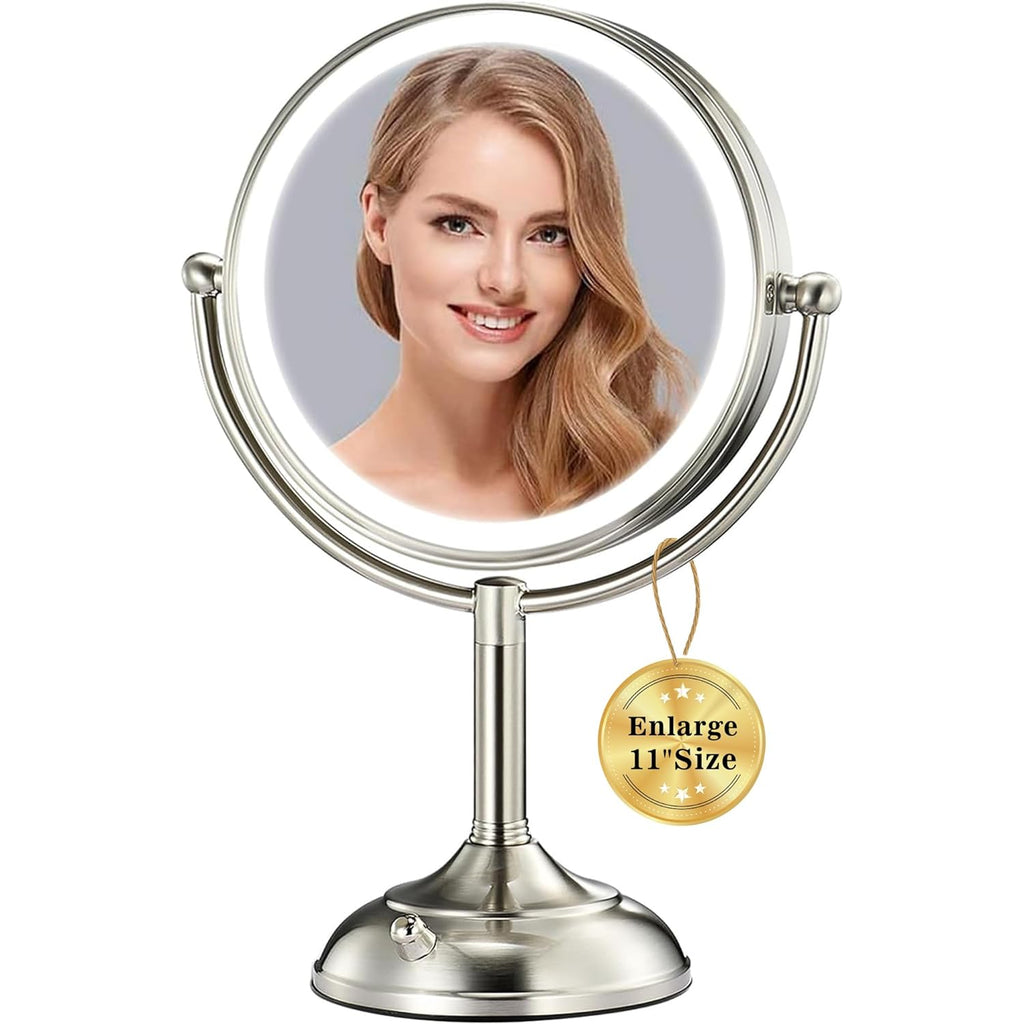 11.8" Extra Large 17" Tall Lighted Makeup Mirror, 1X/5X/10X 3-Sided Magnifying Mirror With 96 Leds, 3 Color Dimmable Lights, 360° Swivel Dual Power Vanity Mirror, Nickel Finish Luxury Gift Box
