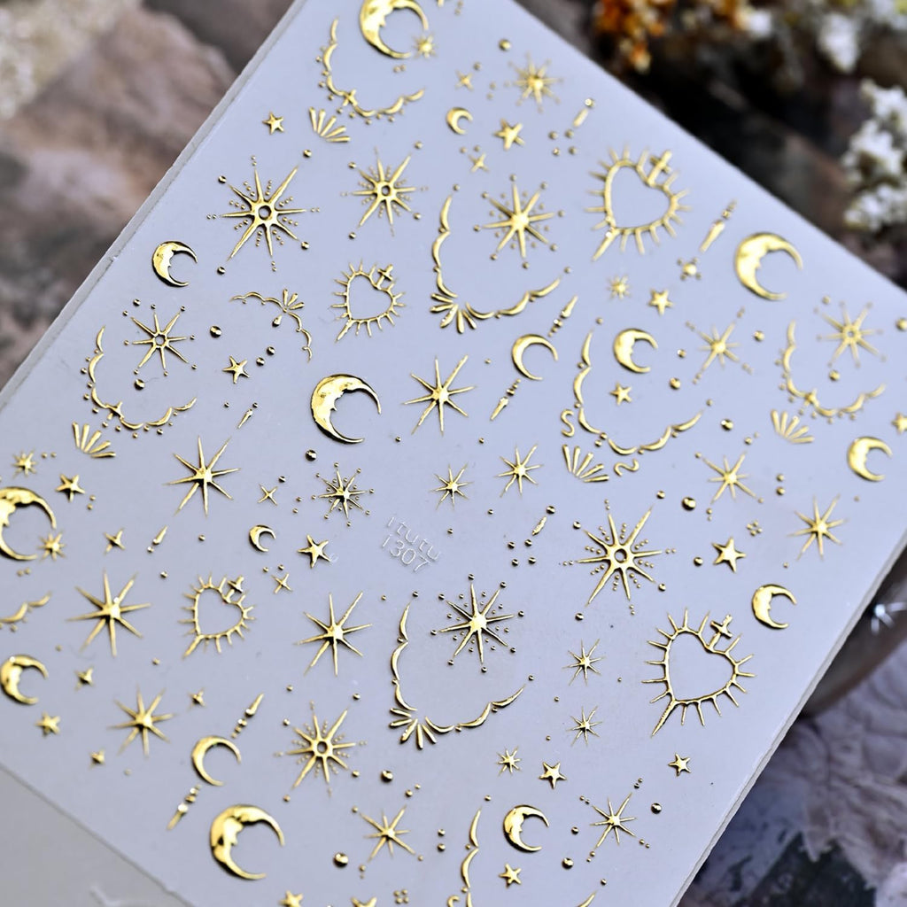 Gold Star Nail Stickers 5D Embossed Nail Art Stickers Decals with Gold Moon Heart Design Nail Stickers for Nail Art Self-Adhesive for Women Nail Art Manicure Decor