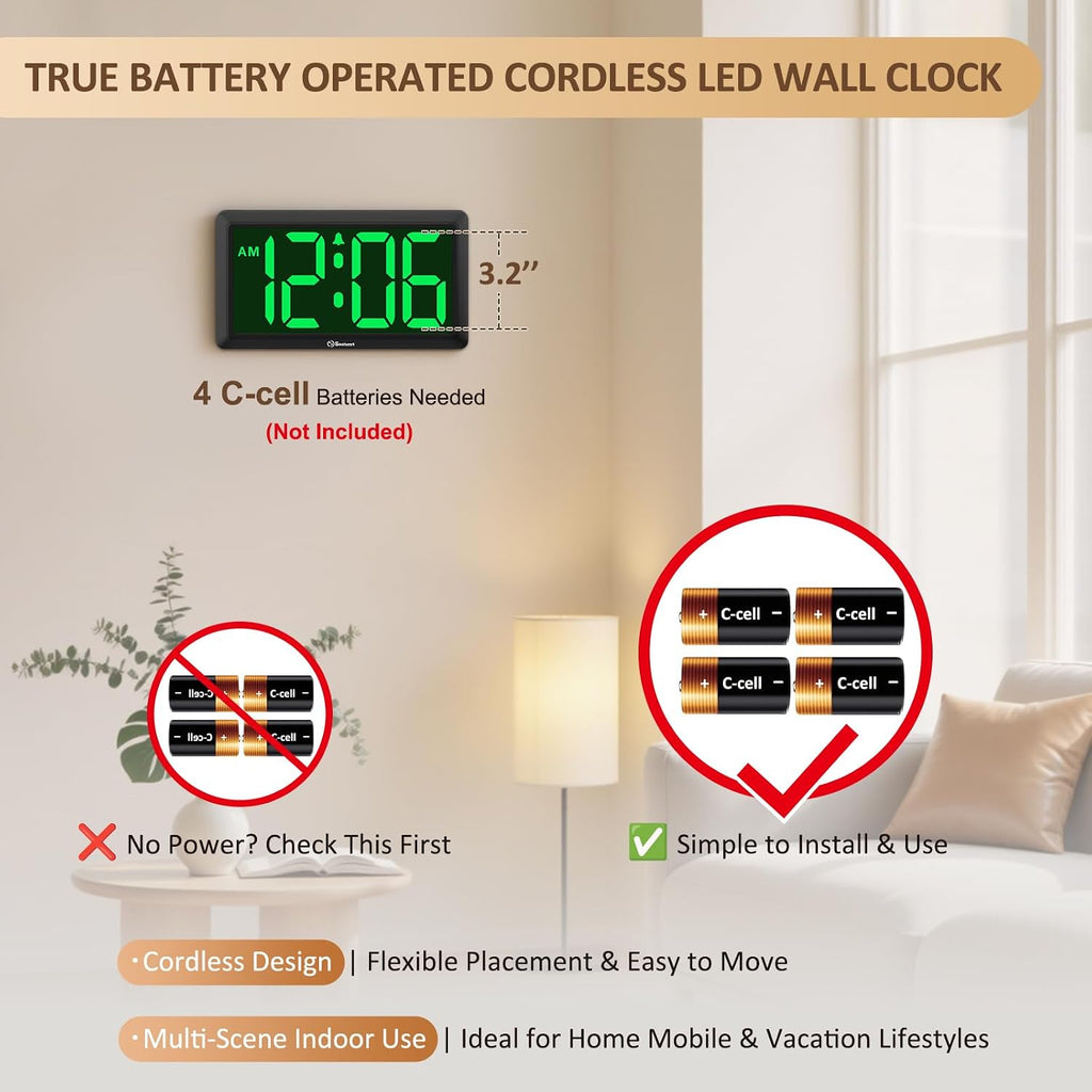 9.5 Inch Large Led Digital Wall Clock Battery Operated, Auto & Manual Dimmer Display, Easy To Read 3.2'' Big Digit With Alarm For Seniors, Modern Decor For Living Room, Bedroom, Office (Green)