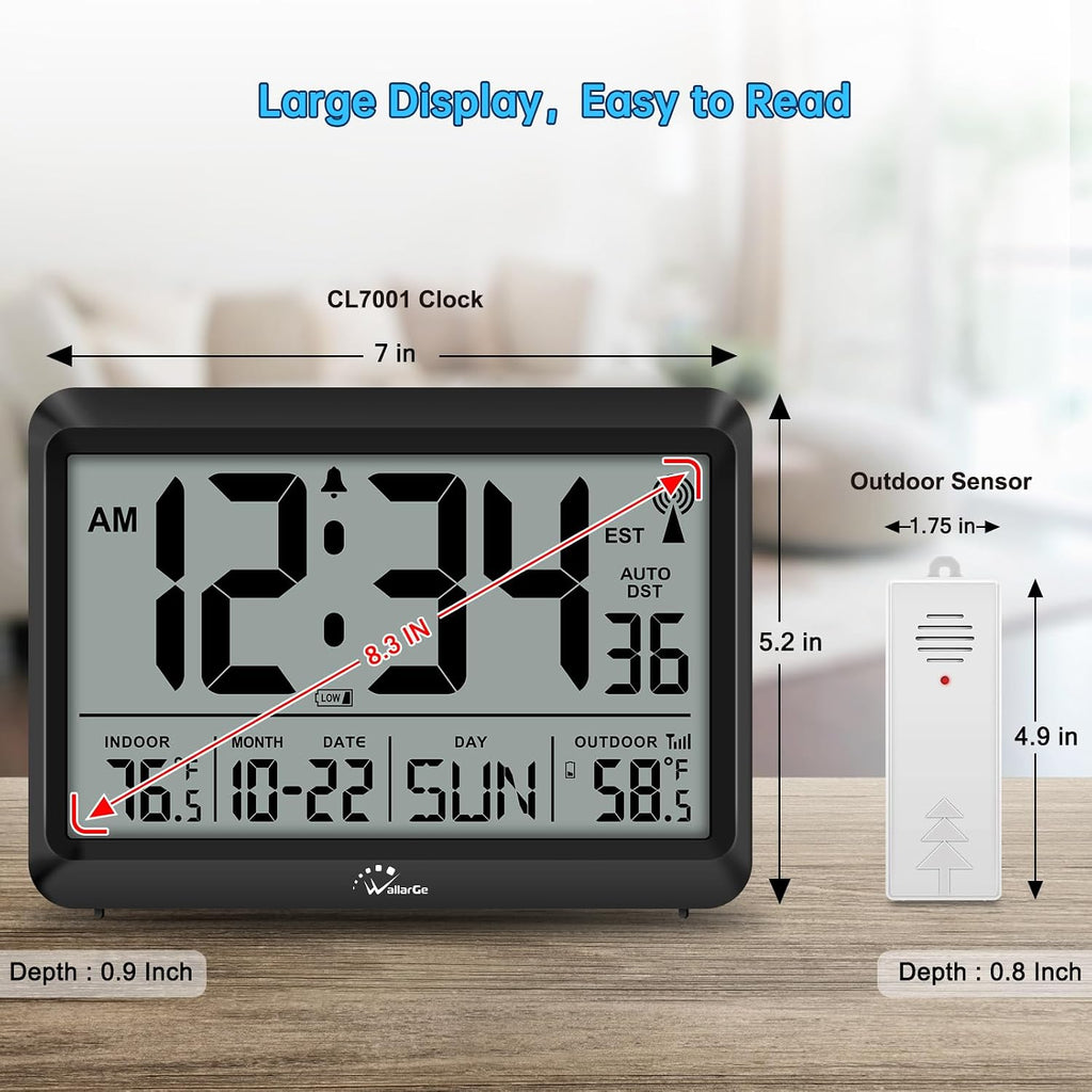 Atomic Clock With Indoor Outdoor Temperature - 8.5'' Digital Clock Battery Operated, Self-Setting, 4 Time Zones, Dst