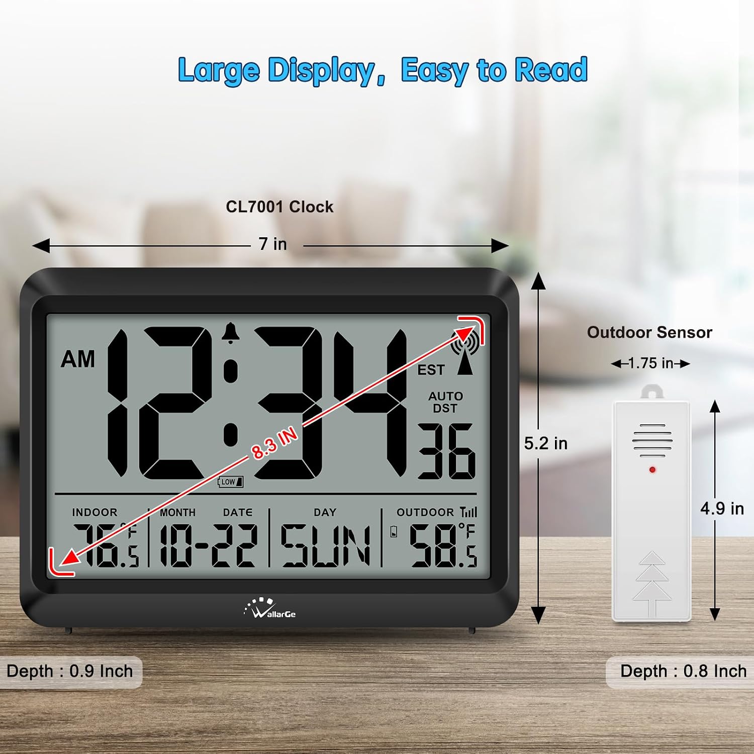 Atomic Clock With Indoor Outdoor Temperature - 8.5'' Digital Clock Battery Operated, Self-Setting, 4 Time Zones, Dst