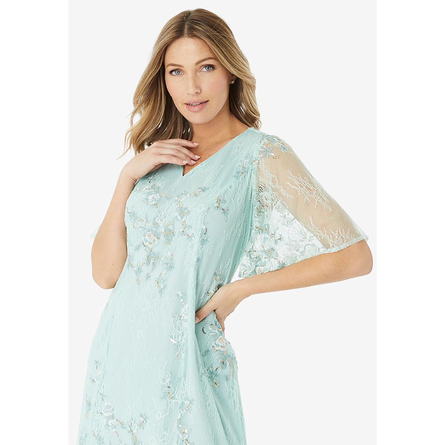 Roaman'S Women'S Plus Size Plus-Size Flutter Sleeve Allover Embroidered Gown