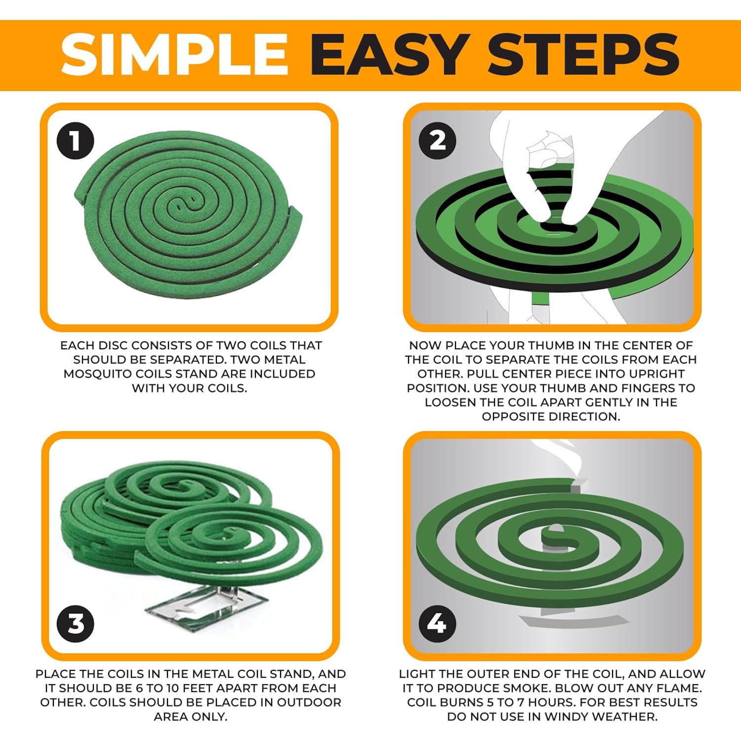 Natural Essential Oil Scented Coils - Outdoor Use Reaches Up To 10 Feet - Each Burns For 5-7 Hours (20 Coils & 8 Coil Stands) For Patio Backyard
