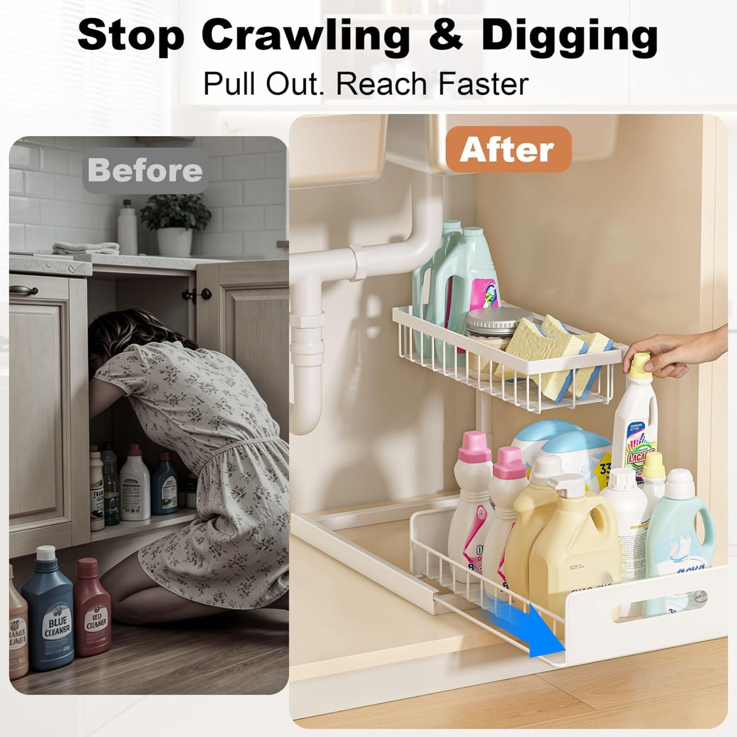 REALINN Under Sink Organizer, Pull Out Cabinet Organizer, 2 Tier Metal Slide Out Shelf with L Shaped Design for Kitchen, Bathroom, Laundry, and Utility Cabinet Storage for Deep Cabinets, White, 2 Pack