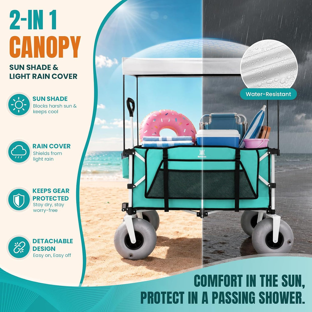 Beach Wagon With Big Balloon Wheels For Sand, 200L Extra Large Beach Cart With Canopy, 440Lbs Heavy Duty Folding Wagon Collapsible With 9" Tires & Side Pocket For Beach, Outdoor, Light Blue
