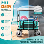 Beach Wagon With Big Balloon Wheels For Sand, 200L Extra Large Beach Cart With Canopy, 440Lbs Heavy Duty Folding Wagon Collapsible With 9" Tires & Side Pocket For Beach, Outdoor, Light Blue